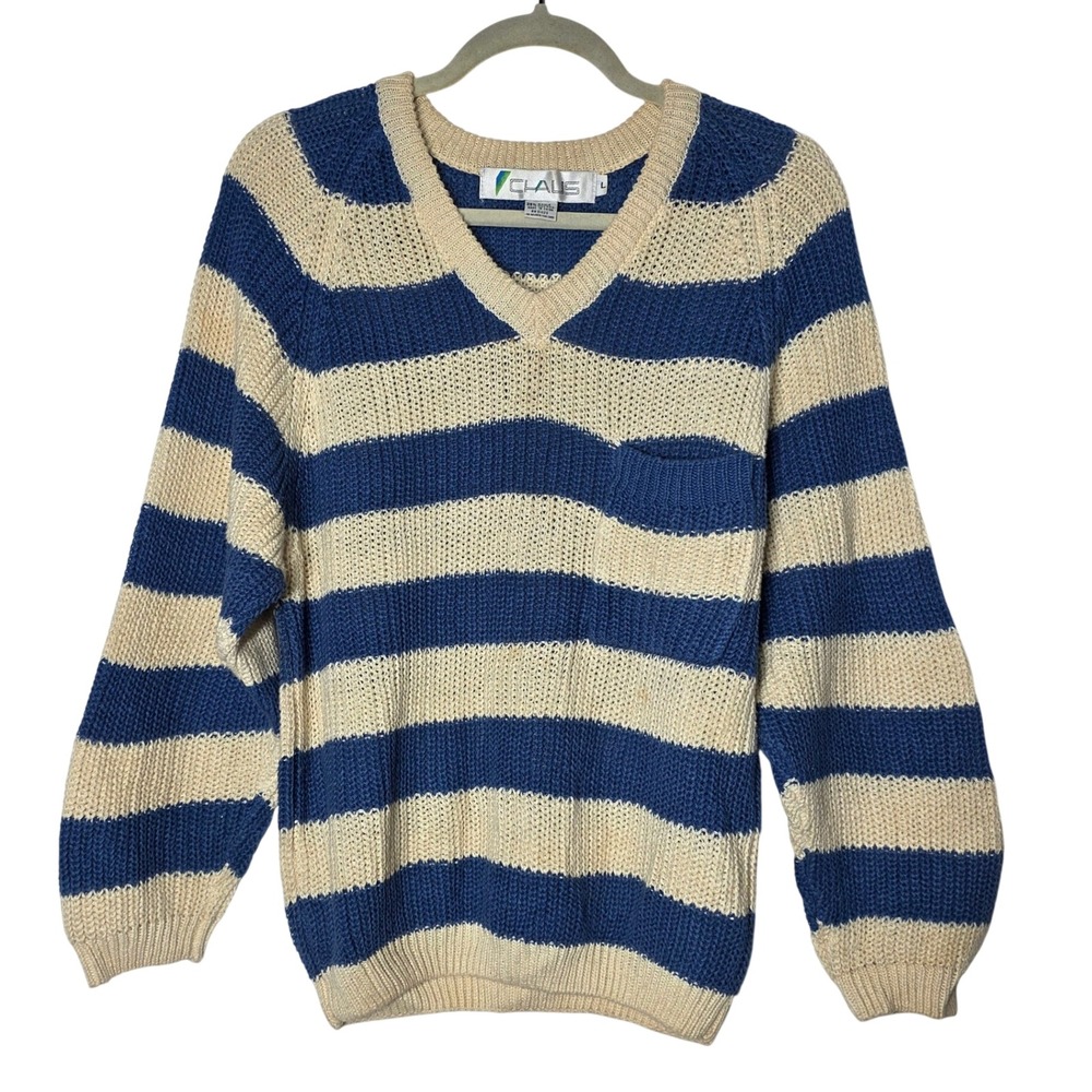Vintage Chaus Striped V-Neck Sweater Large Blue Cream Nautical Ramie Cotton Knit